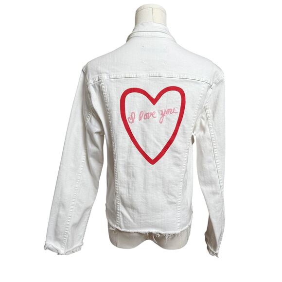 L'Agence Janelle Slim White Denim Jacket Size XL Raw Hem and Cuffs Long Sleeves